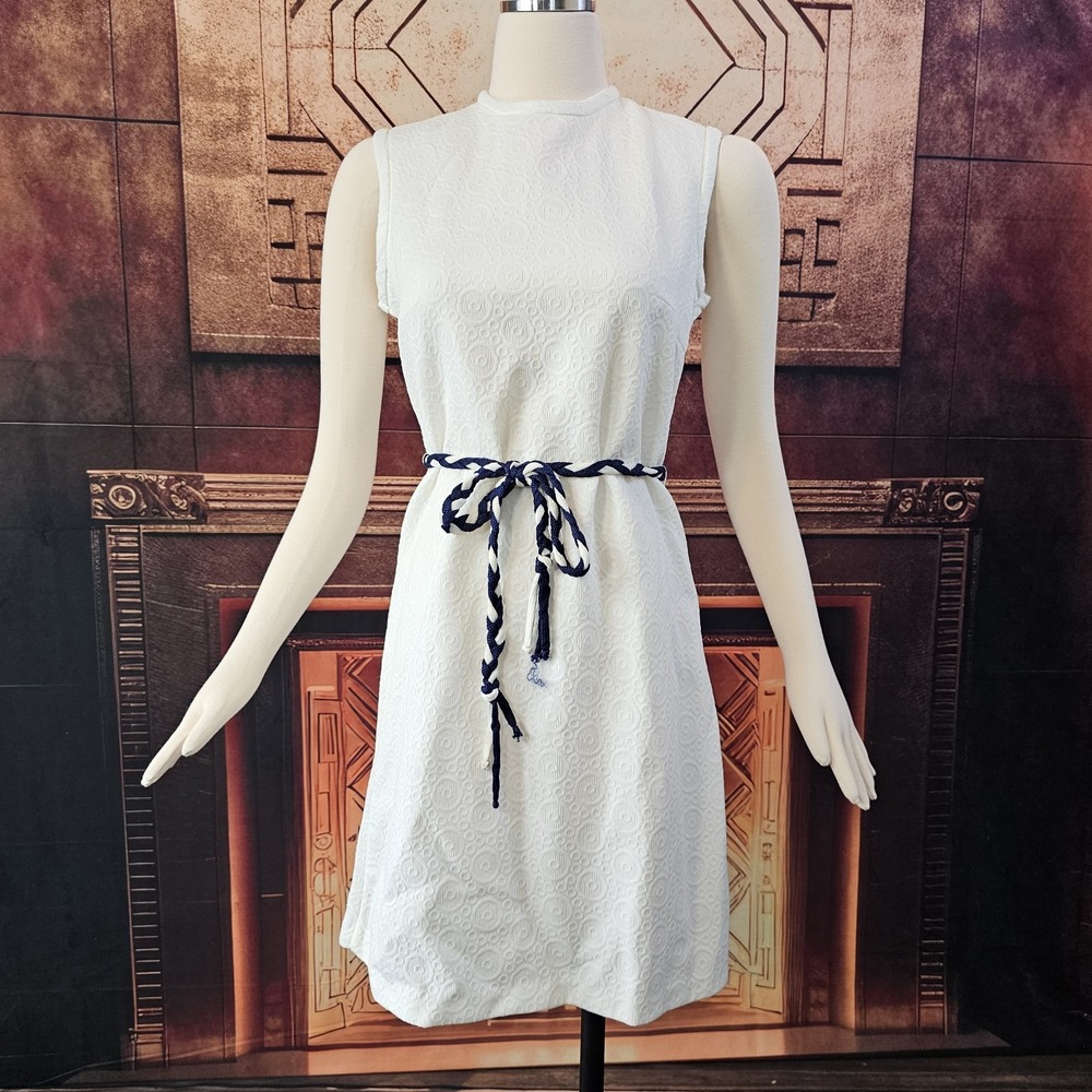 Vintage 1960's Dress Shift White Blue White Braided Belt Sleeveless Retro Pinup - Picture 13 of 13